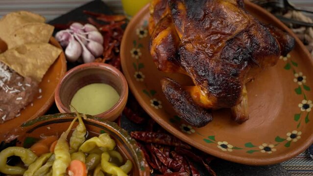 Close-up Mexican Roasted Chicken and corn tortillas dinner