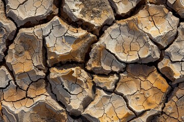 Dried earth, dry cracks in the ground, dried clay surface, Fuerteventura, Canary Islands, Spain - generative ai