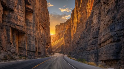 A narrow mountain road with deep canyons on either side, illuminated by the golden light of the...