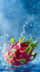 Dragon fruit and water splash. captured with highspeed photography as they break through the waters surface.