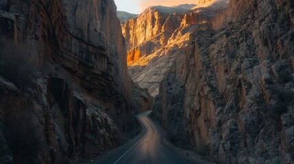 A narrow mountain road with deep canyons on either side, illuminated by the golden light of the setting sun 32k, full ultra hd, high resolution