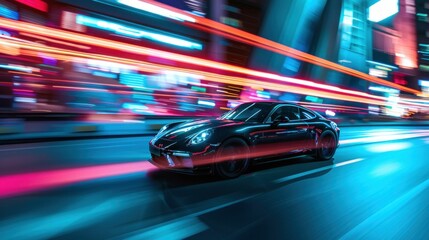 Sleek Black Sports Car Speeding Through City Streets at Night with Illuminated Lights in Background
