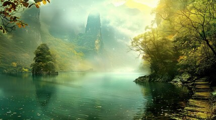 landscape of mountain lake and forest. forest with a lake wallpaper. landscape lake forest with fog wallpaper. landscape forest with lake and fog. landscape with a lake and mountains.