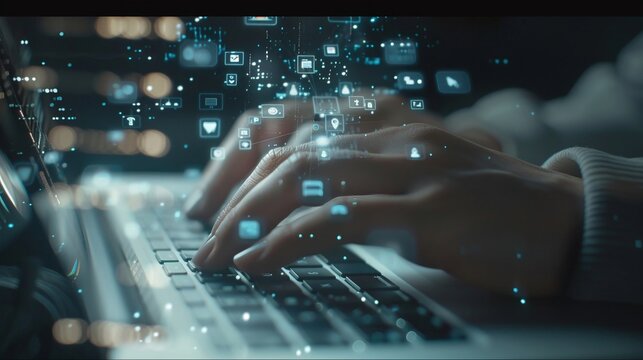 Close-up shot, dual exposure of a hand typing on a laptop, superimposed with floating icons of reminders and tasks, sleek modern style