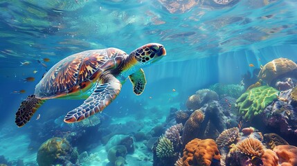 Obraz premium Turtle swimming in a protected marine area