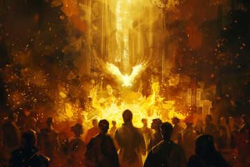 Pentecost. The descent of the Holy Spirit on the followers. People in front of a burning fire with white dove above them. Digital painting