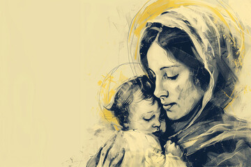 Fototapeta premium Motherhood. Mother Mary with baby Jesus, digital drawn illustration on neutral background