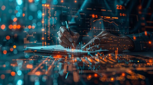 Double exposure close-up of a researcher writing notes with statistical graphs and data points overlaid, highlighting the process of data analysis