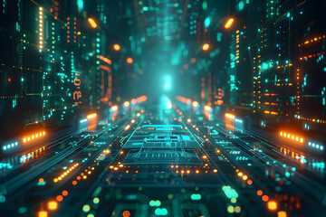 Obraz premium Abstract background displaying a futuristic digital grid pattern in shades of neon green and blue, with glowing lines and geometric shapes creating a high-tech and sci-fi aesthetic.