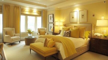 An elegant modern bedroom featuring soft yellow walls, modern furnishings, and subtle yellow accents for a warm and inviting feel