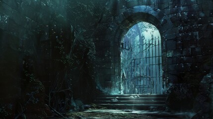 Fototapeta premium Ancient castle gate in mystical forest - A captivating digital artwork featuring a derelict castle gate shrouded in mist within a mysterious forest, evokes a sense of fantasy