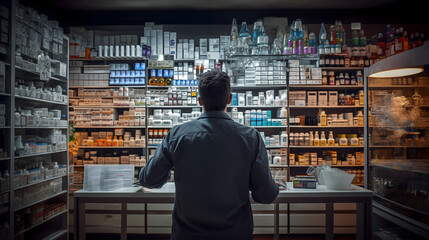 Pharmacist working in a busy pharmacy store, assisting customers with medicine and health needs