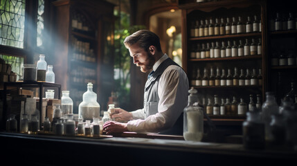 Bartender pouring drinks in a busy bar with smiling people and a lively atmosphere