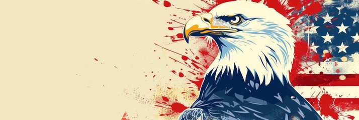 Naklejka premium Eagle illustration over American flag backdrop - A striking illustration of a bald eagle over the American flag, representing freedom, strength, and the spirit of the USA