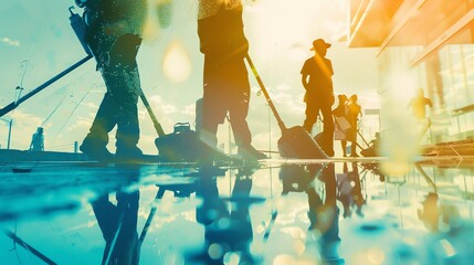 professional cleaning crew close up, focus on, copy space Vibrant hues, Double exposure silhouette with cleaning team