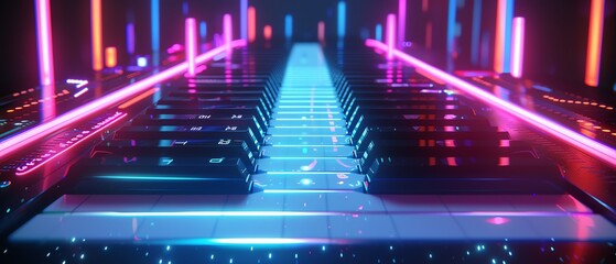 A vibrant 3D keyboard with neonlit keys