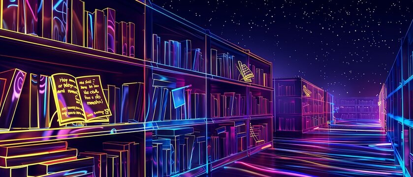 An artistic 3D bookshelf with neon outlines