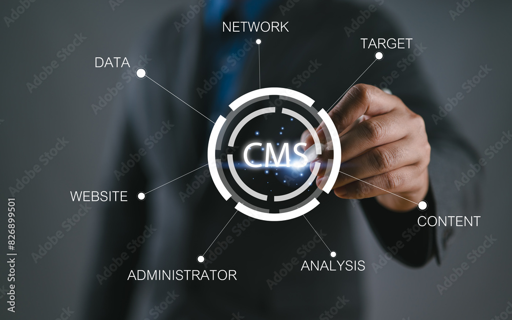 Leinwandbilder Content management system and website administration concept. Collage with IT manager pushing CMS button on imaginary screen with word cloud.