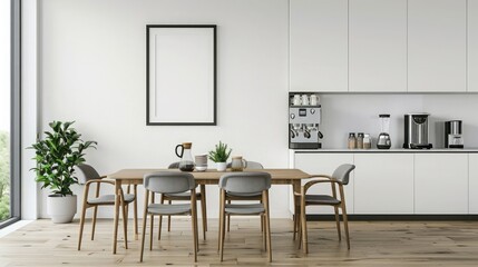 Modern kitchen interior with a dining table and chairs, a white wall with a mockup poster frame hanging on it, a coffee machine and water dispenser