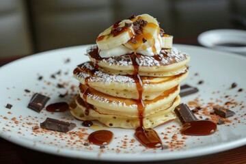 Pancakes with banana caramel, natural yogurt and chocolate on white plate. Healthy breakfast with homemade pancakes served on white plate - generative ai