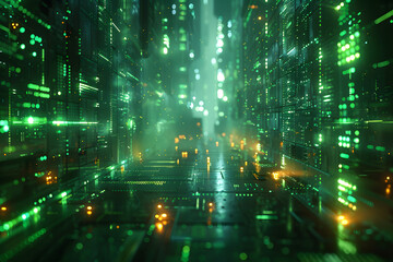 Fototapeta premium Abstract background displaying a futuristic digital grid pattern in shades of neon green and blue, with glowing lines and geometric shapes creating a high-tech and sci-fi aesthetic.