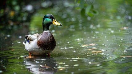 Fototapeta premium Duck Locates Food in Pond