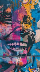 Double exposure of a humorous expression, combined with a colorful graffiti wall, depicting urban street humor