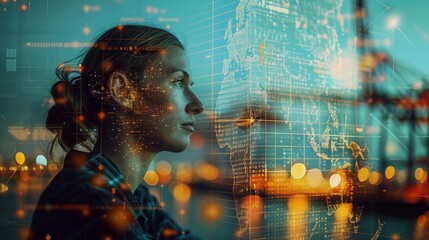 Double exposure of a supply chain manager analyzing logistics data, overlaid with images of shipping containers and cargo trucks