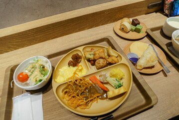 Japanese breakfast food set on wooden table