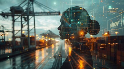 Double exposure of a supply chain manager analyzing logistics data, overlaid with images of shipping containers and cargo trucks