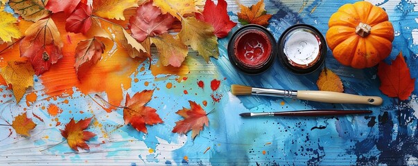 A watercolor palette with vibrant autumn colors alongside a paintbrush and a pumpkin