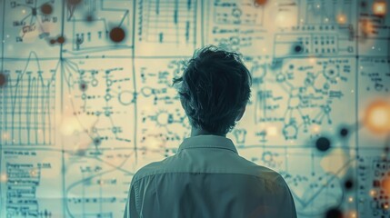 Double exposure of a research assistant analyzing samples under a microscope, overlay with chemical equations and lab equipment