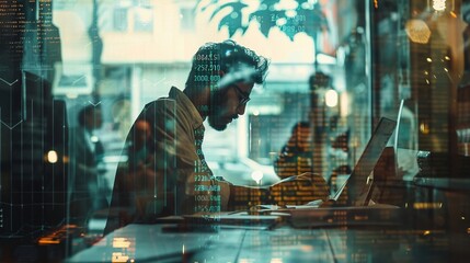 Double exposure of a researcher conducting a survey, overlaying demographic charts and population data