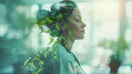 Double exposure of a researcher in a lab coat, studying data on a holographic display, interspersed with mathematical equations