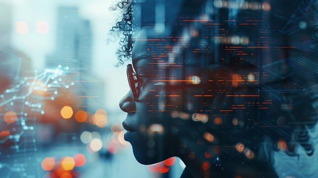 Double exposure of a researcher conducting a survey, overlaying demographic charts and population data