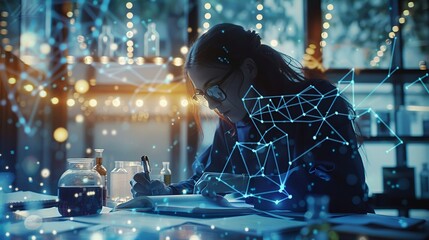 Double exposure of a scientist writing in a lab notebook, overlaid with chemical structures and molecular diagrams