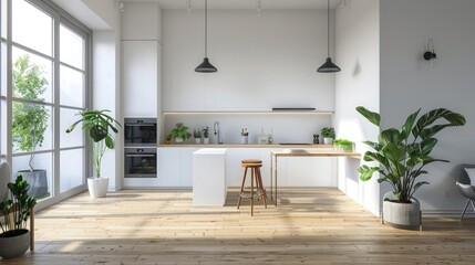 Modern Scandinavian interior design of a modern kitchen with living room, wooden floor and white walls, one wall blank for mockup,