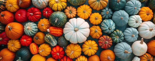 A collection of colorful fall squashes arranged in a circle, with a single white pumpkin in the center