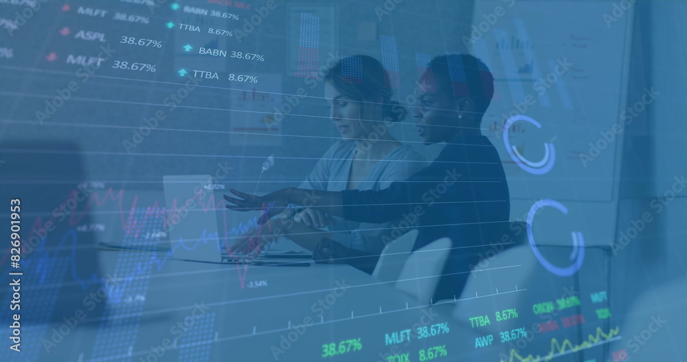 Poster Image of multiple graphs, trading boards, diverse female coworkers discussing reports on laptop