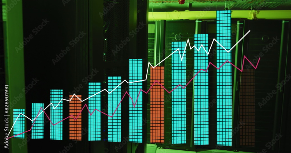 Poster image of multiple graphs over illuminated data server systems in server room
