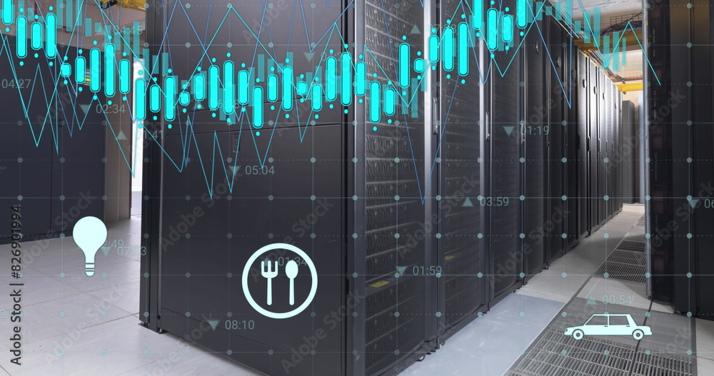 Poster image of icons with graphs and changing numbers over data server racks in server room