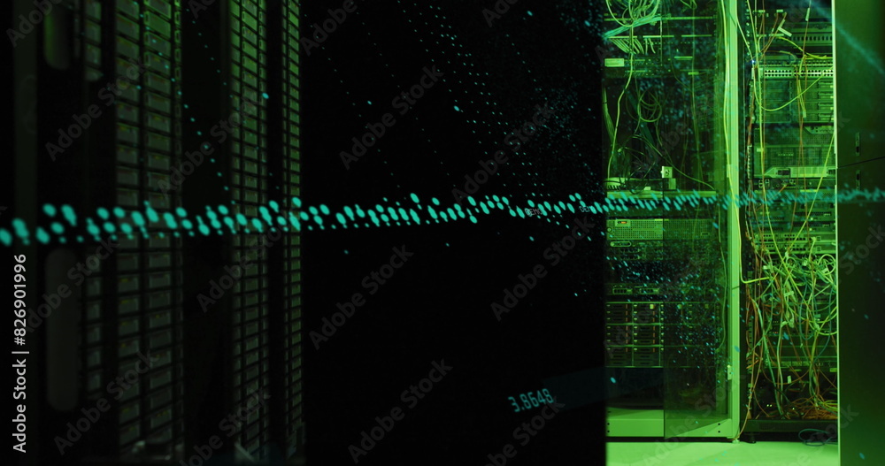 Poster image of graphs and changing numbers over illuminated data server system in server room