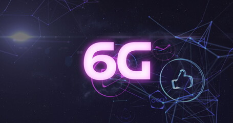 Image of 6g text banner, light spot and network of digital icons against space in background