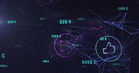 Image of network of digital icons and light spot against space in background