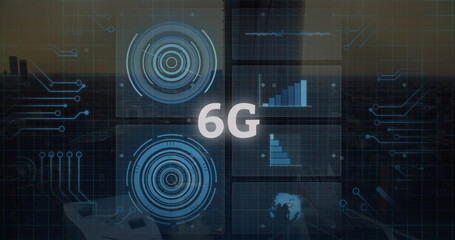 Image of 6g text with graphs, circles and globe over aerial view of modern city against sky