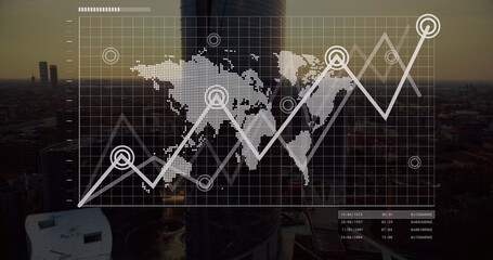 Image of graphs, map and loading bar over aerial view of modern cityscape against sky
