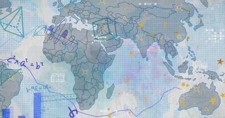 Image of graph, mathematical equations and diagrams over map against abstract background