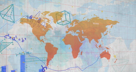 Image of graph, mathematical equation and diagrams with map over white background