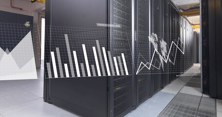 Image of graphs, map, loading bars over data server racks in server room