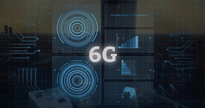 Image of 6g text with graphs, circles and globe over aerial view of modern city against sky
